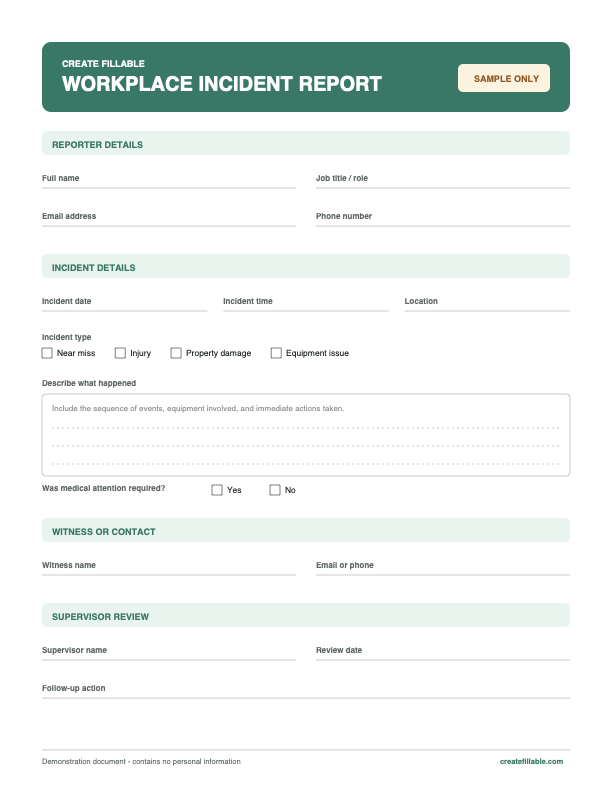 Preview of the workplace incident report sample PDF